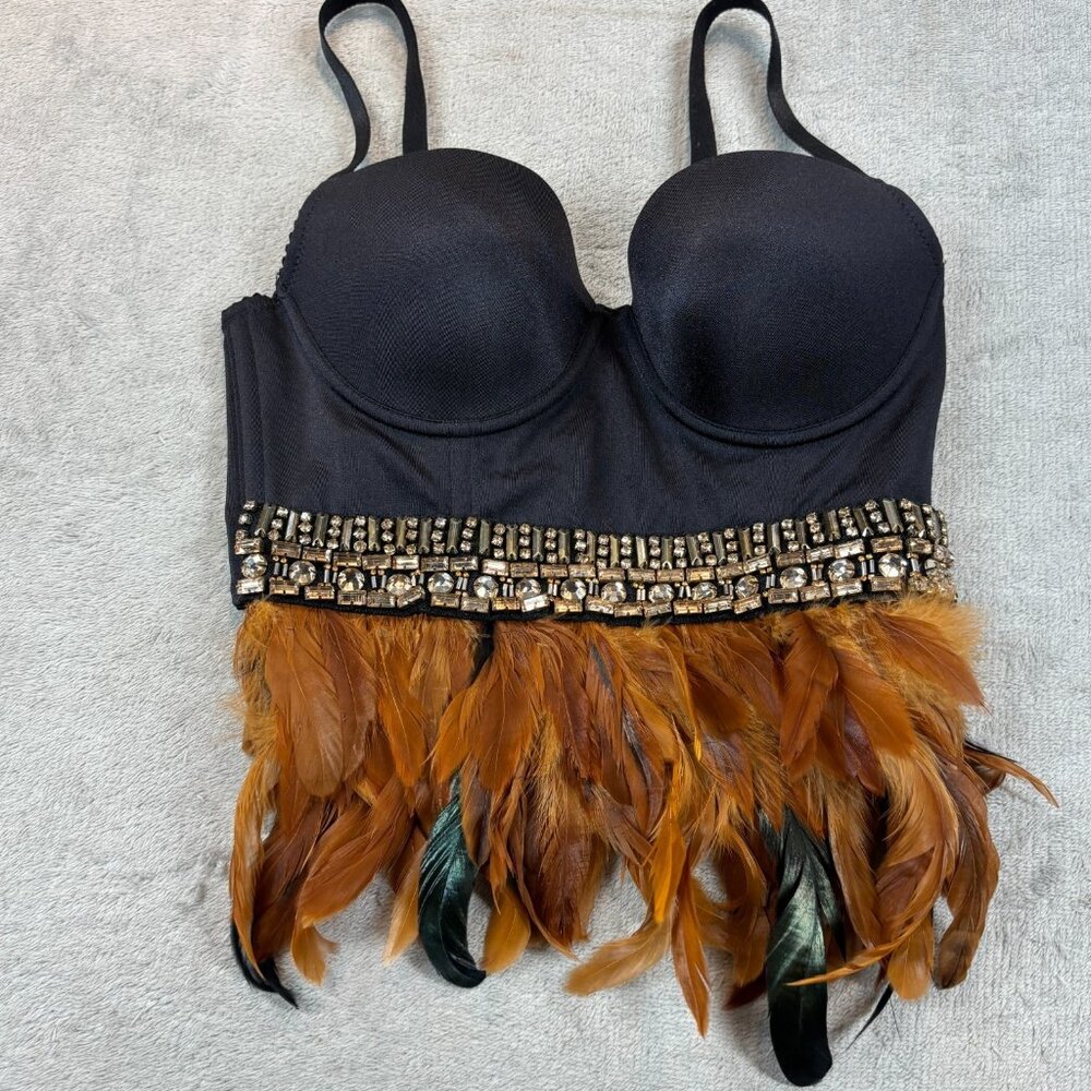 Bebe Feathers Crop Trim Bustier XS Black Brown Rhinestone Embellished Bralette - Picture 2 of 12